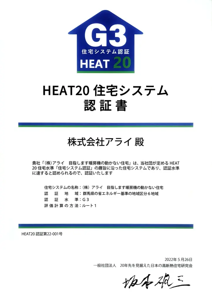 HEAT20 G3 認証書